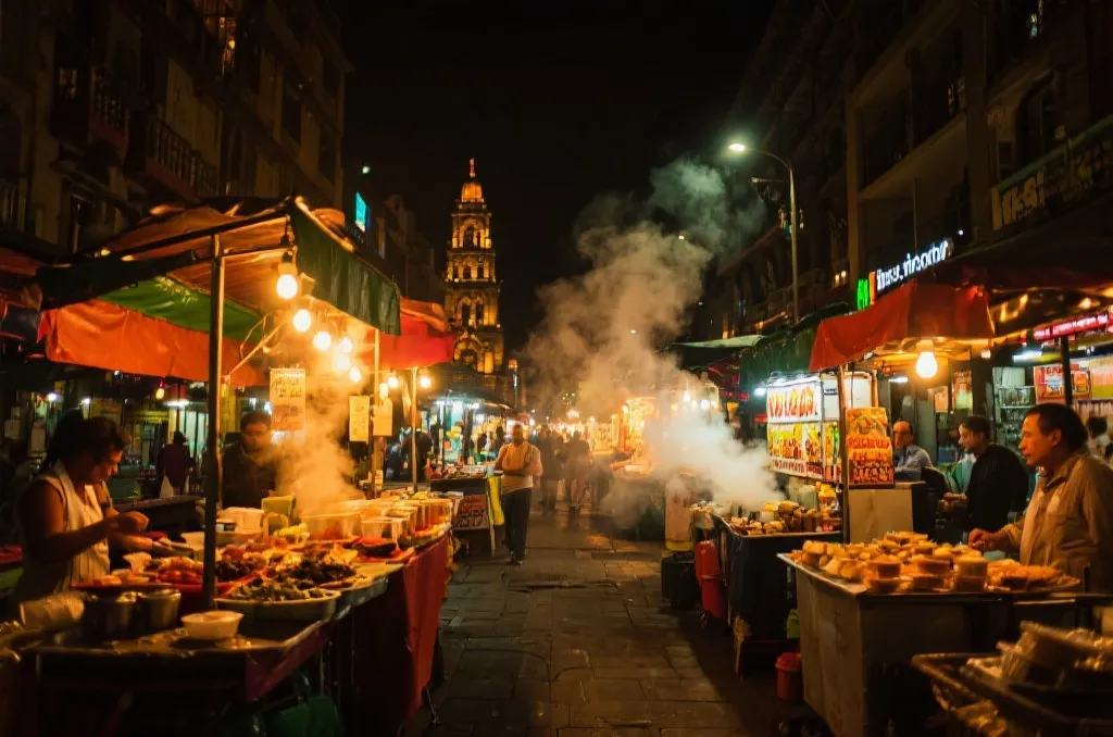 墨西哥城传统市场与晚间街头美食场景